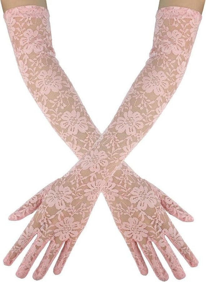 KETKAR Elbow Length Bridal Gloves For Women,Elegant Long Lace Gloves_Pink - Image 1
